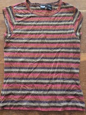 Guess Striped Short Sleeve Top in Pink, Brown, Purple, Tan Y2K Large